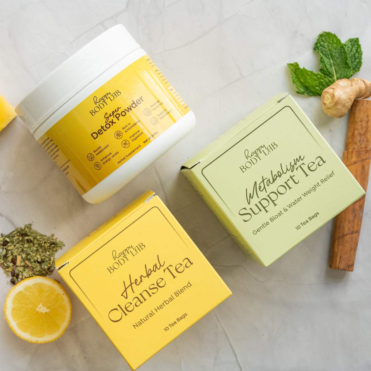 Metabolism Support Tea, Herbal Cleanse Tea and Super Detox Powder. <br>One daily routine.